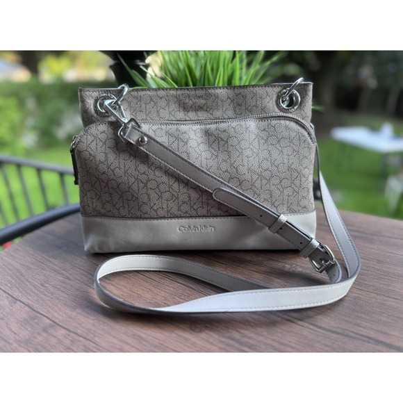 Calvin Klein Handbags - Calvin Klein Grey Handbag/Purse Adjustable Strap All Over Logo Silver Accents